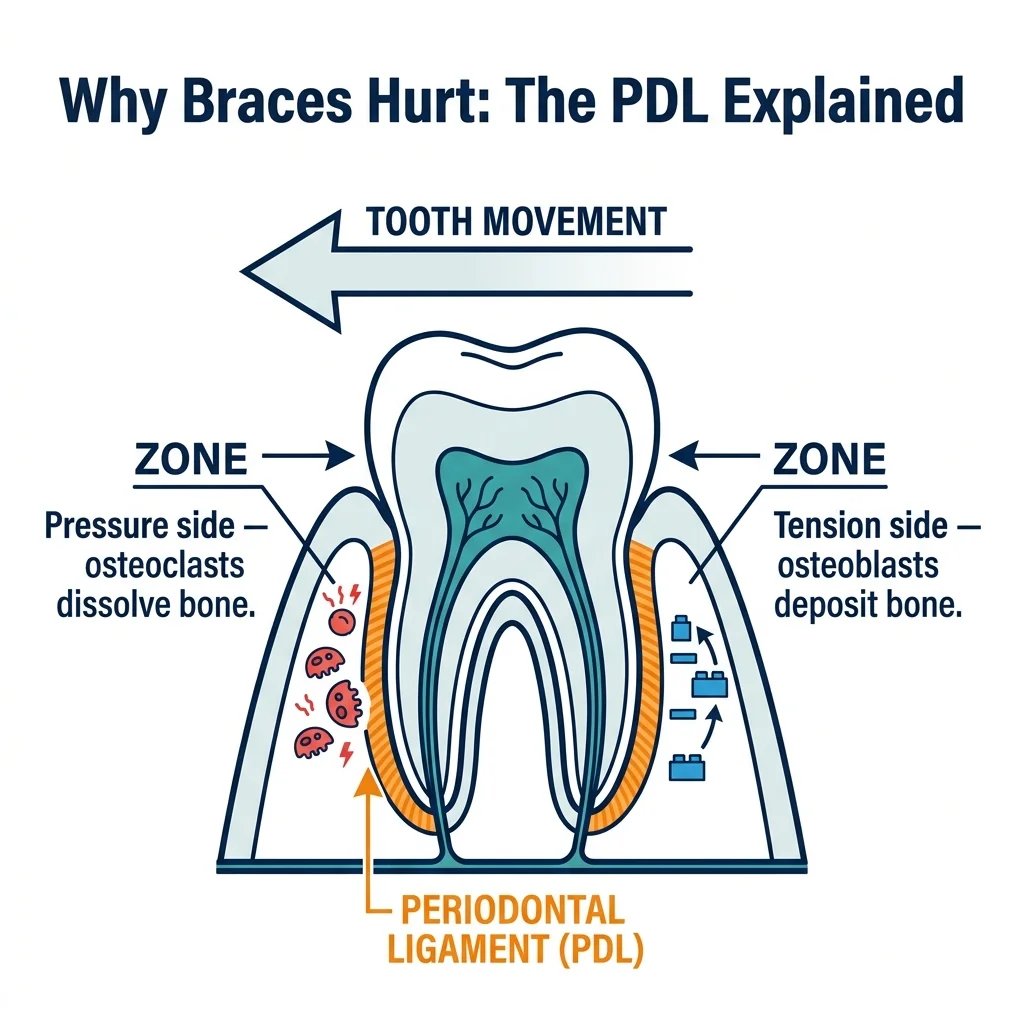Diagram showing periodontal ligament PDL pressure and tension sides causing braces pain